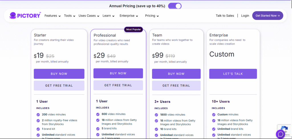 Pictory ai Pricing Plans
